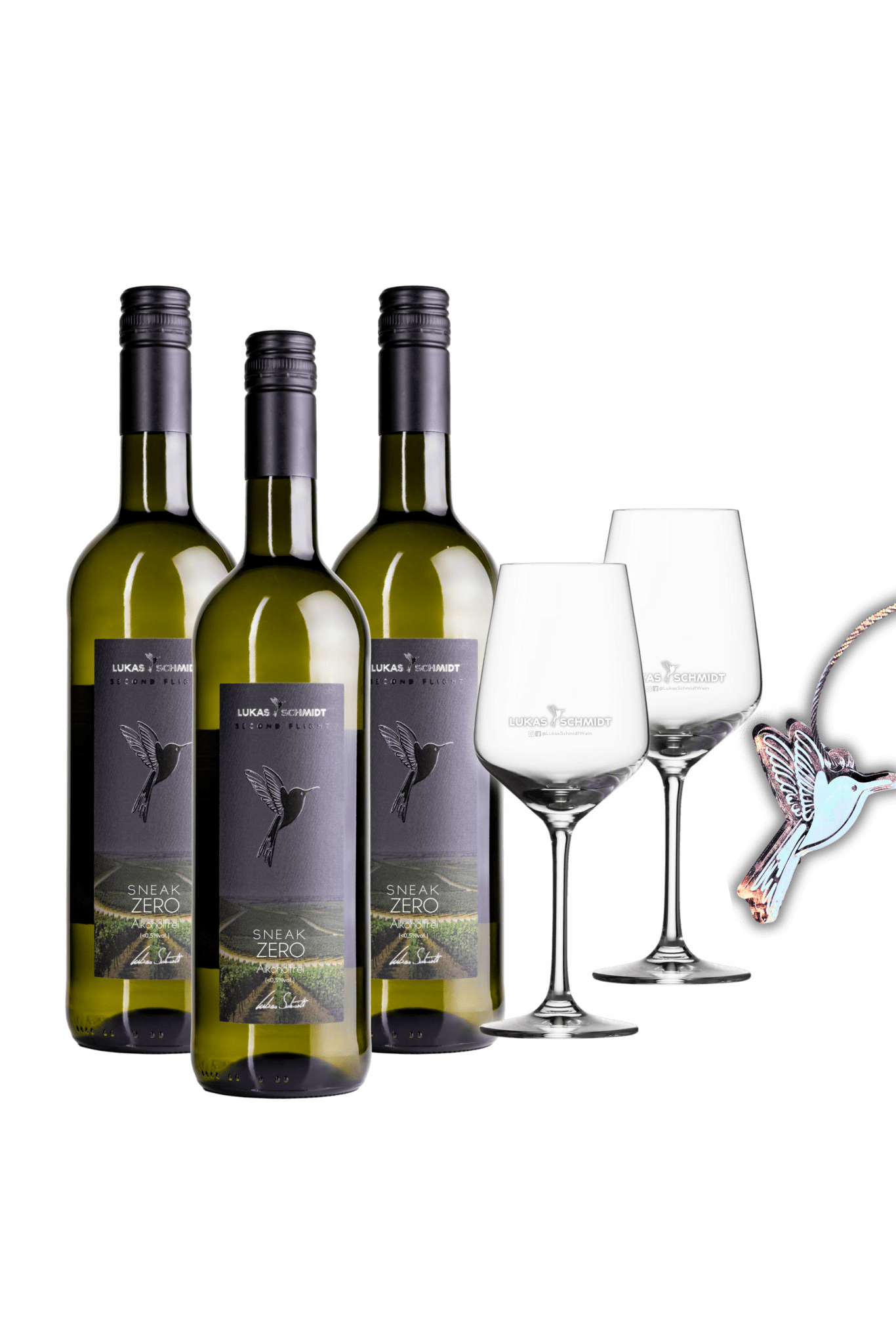 LUKAS SCHMIDT - Sneak Zero® Alkoholfrei Starterpaket - Versandkostenfrei - Set mit 3 Flaschen, 2 Gläsern und 1 Schlüsselanhänger - Lukas Schmidt Wein