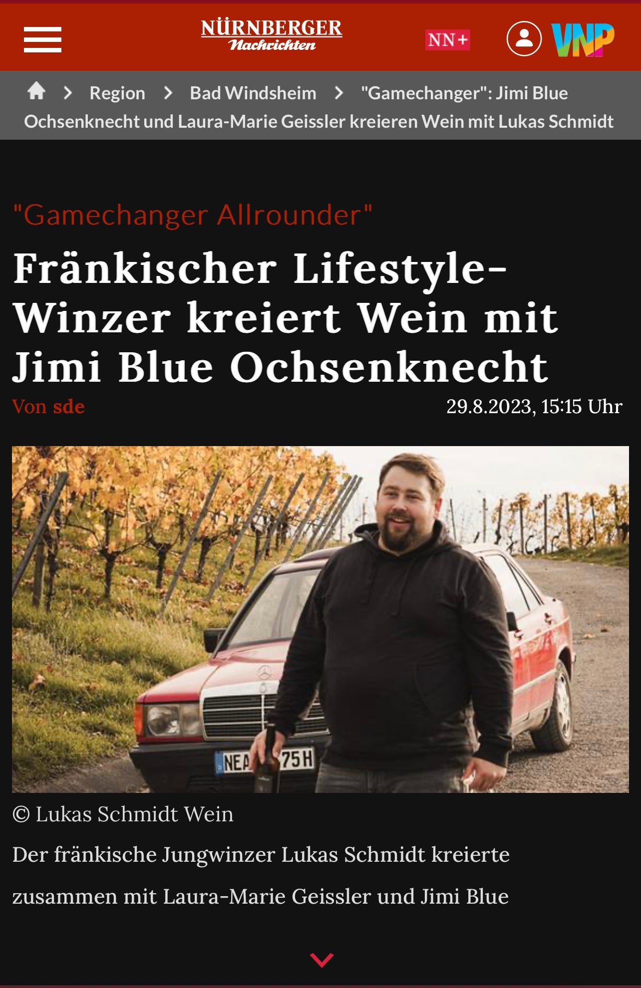 "Fränkischer Lifestyle-Winzer kreiert Wein mit Jimi Blue Ochsenknecht" - Nürnberger Nachrichten vom 29.08.2023 - Lukas Schmidt Wein