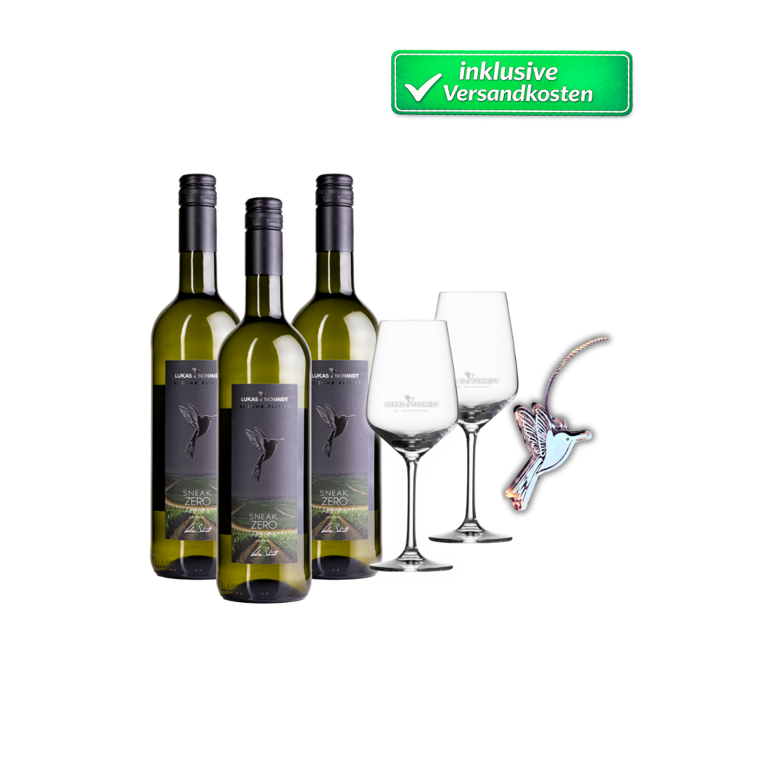Sneak Zero® Alkoholfrei Starterpaket | Set mit 3 Flaschen, 2 Gläsern und 1 Schlüsselanhänger | Wein in 11. Generation | LUKAS SCHMIDT