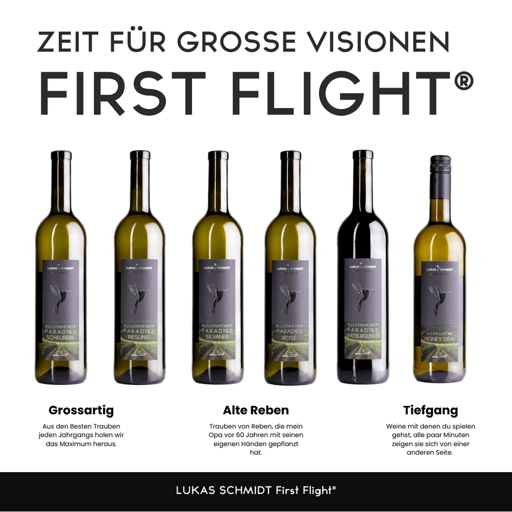 
                  
                    LUKAS SCHMIDT - 6er Probierpaket First Flight® "Zeit für große Visionen" - Lukas Schmidt Wein
                  
                