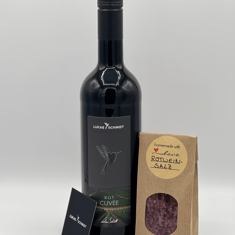 LUKAS SCHMIDT - Paket | "Dinner for One" | Cuvee Rot & hausgemachtes Meersalz in der Geschenkbox - Lukas Schmidt Wein