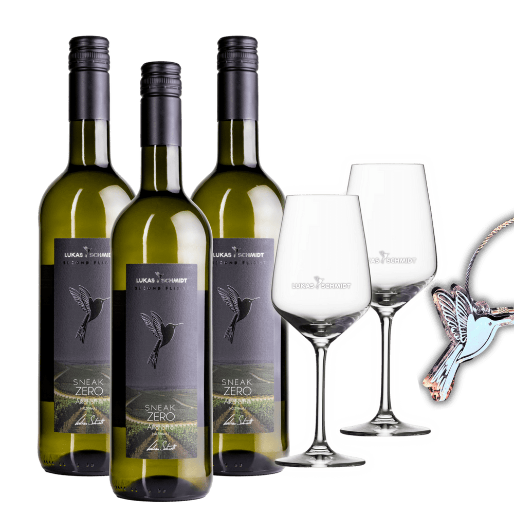 LUKAS SCHMIDT - Sneak Zero® Alkoholfrei Starterpaket - Versandkostenfrei - Set mit 3 Flaschen, 2 Gläsern und 1 Schlüsselanhänger - Lukas Schmidt Wein